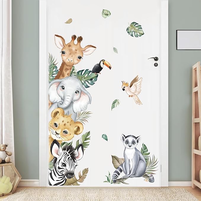 decalmile Jungle Animals Door Wall Decals Safari Elephant Giraffe Wall Stickers Kids Room Baby Nursery Bedroom Door Wall Decor