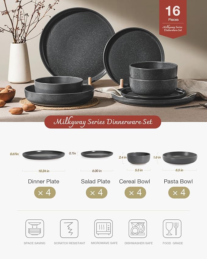Famiware Milkyway Stoneware Dinnerware Sets with Pasta Bowls, Service for 4 (16 Pieces), Reactive Glaze Plates and Bowls Sets, Microwave and Dishwasher Safe Dishes Set, Matte Dark Charcoal