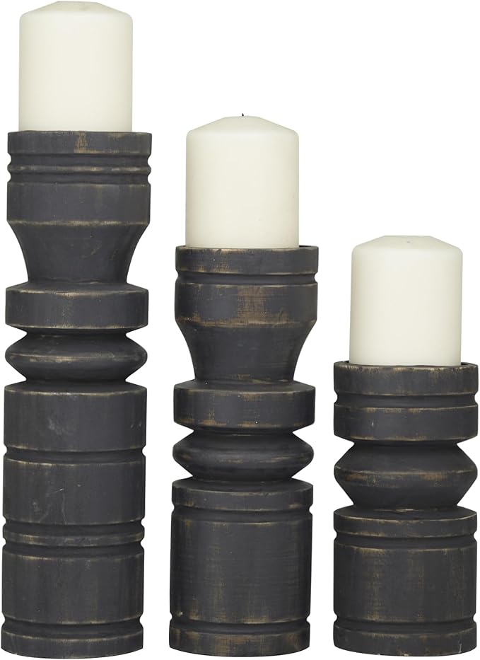 Deco 79 Wood Decorative Candle Holder Candle Stand, Set of 3 Candlestick Holder 14", 11", 8" H, Black
