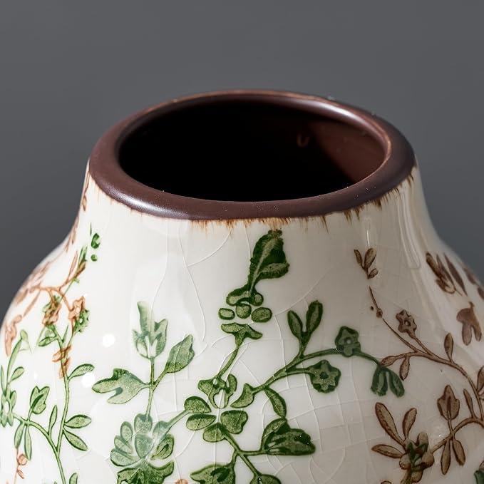 SIDUCAL Ceramic Green and Beige Antique Vase, 7 Inch Retro Ice Cracked Chinoiserie Floral Vase, Rustic Farmhouse Vases for Home Decor, Bookshelf, Office, Garden, Chinoiserie Decor, Tuscan Decor