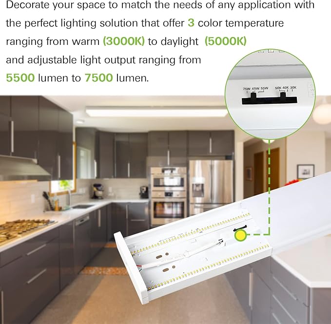 hykolity 4FT LED Wraparound Light with 3 Wattages/3 Lumens/3 CCT Selectable, 55W/65W/75W, 5500lm/6500lm/7500lm, 3000K/4000K/5000K 4 Foot LED Wrap Light Fixture, Flush Mount Office Ceiling Light, ETL