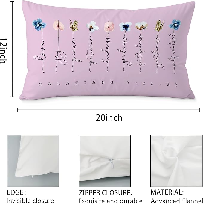 Fruit of The Spirit Bible Verse Pillow Covers 12x20, Boho Floral Christian Throw Pillow Covers for Home Office Church Decor, Christian Gifts for Women, Faith Based Gifts(Purple)