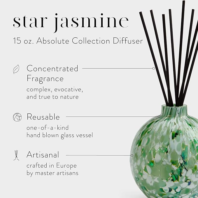 LAFCO New York Absolute Collection Reed Diffuser, Star Jasmine - 15 oz - Up to 1 Year Fragrance Life - Reusable, Hand Blown Glass Vessel - Nylon Reeds - Made in The USA