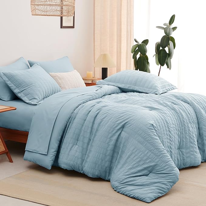 CozyLux Full Size Comforter Sets with Sheets Seersucker 7 Pieces Light Blue Bed in a Bag Textured Luxury Soft Bedding Set with Down Alternative Comforter, Sheets, Pillowcases & Shams for All Seasons
