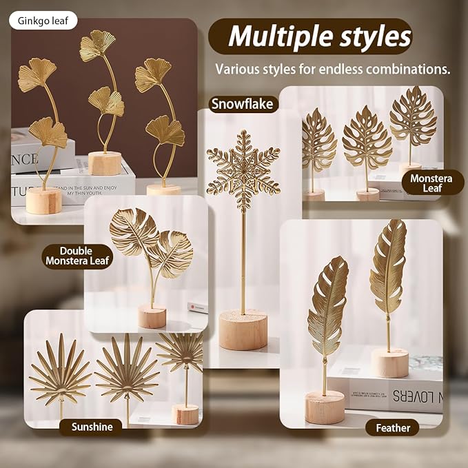 Gold Leaf Home Decor Set - Metal Leaves Statues, Modern Artistic Sculptures for Living Room, Office, Shelf & Home Decorative, Handmade 3D Botanical Accents (Sunshine, Ginkgo, Snowflake, 3PCS)