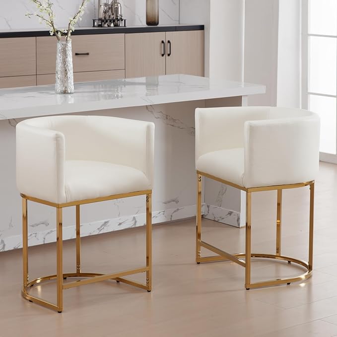 Modern Counter Height PU Leather Upholstered Bar Stools Set of 4, 24" Kitchen Counter Island Stools Bar Chairs with Gold Metal Frame, White