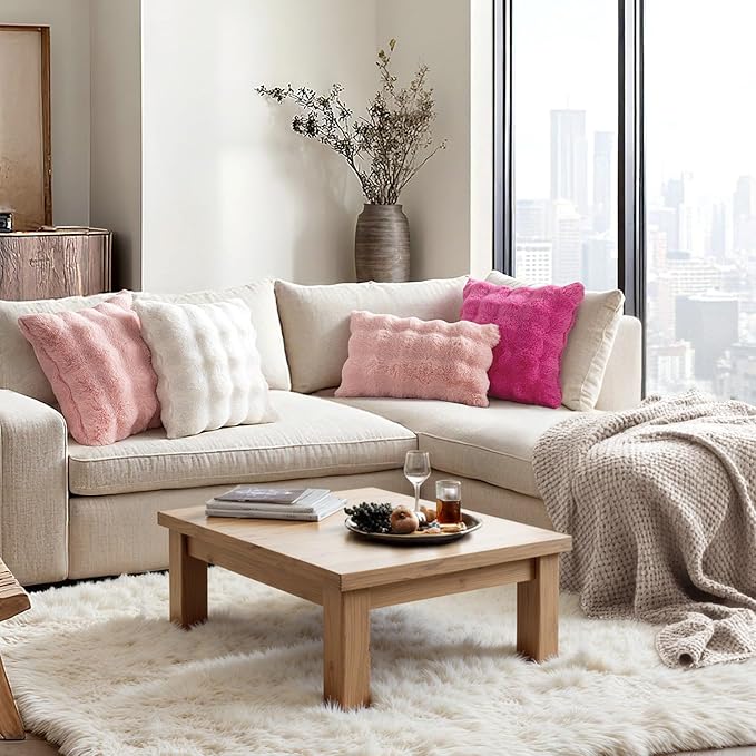 MIULEE Pack of 2 Decorative Pillow Covers Thick Soft Plush Faux Fur Lumbar Throw Pillows Luxury Home Decor for Couch Bedroom Living Room Sofa,12x20 Inch Hot Pink
