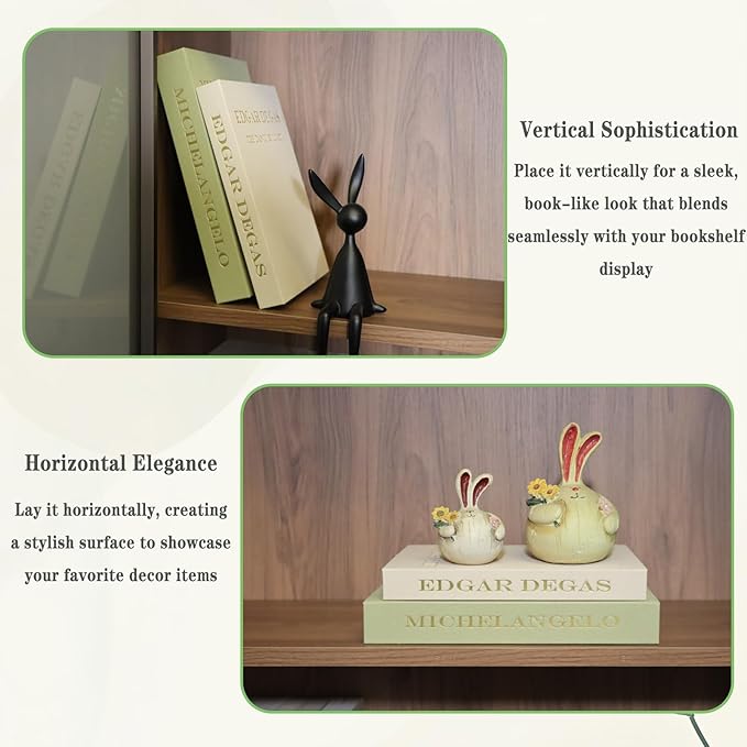 Decorative Fake Books for Coffee Table - Set of 2 Linen Aesthetic Faux Books Decor - Minimalist Keepsake Photo Storage Box for Office Home Living Room Mantle Top Decoration (Green-beige)