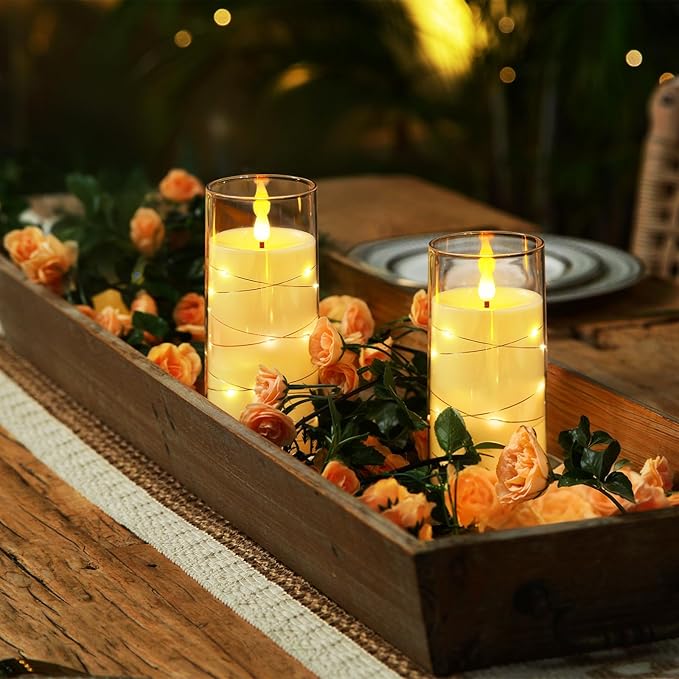 Homemory Flameless Candles with Embedded Star String Fairy Lights, Battery Operated Candles, LED Candle, Fake Candles with Remote Control and Timer, White, Set of 2(H 6" 6")