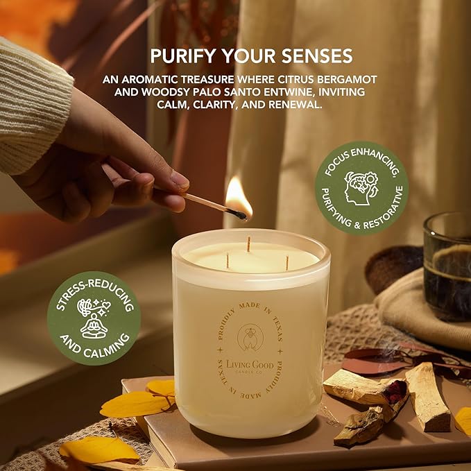 Palo Santo - Palo Santo & Bergamot Pure Beeswax Candle - 90+ Hours Long Burning Classically Designed Non-Toxic Scented Candles for Home Decor and Aromatherapy to Stress & Anxiety Relief - 15 Oz