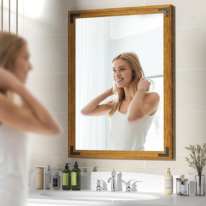 Hasipu Farmhouse Bathroom Mirror, 22"x30" Rustic Wood Framed Wall Mounted Mirror, Walnut Vintage Vanity Mirror Modern Farmhouse Style Decrative Mirrors