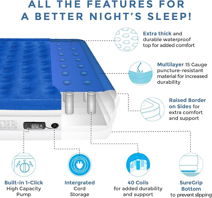 SoundAsleep Products Dream Series Luxury Air Mattress, ComfortCoil Technology, Built-in High Capacity Pump for Home, Camping- Double Height, Adjustable, Inflatable Blow Up, Portable (King Size)