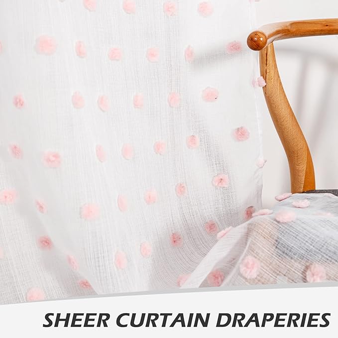 MYSKY HOME Short Curtains for Kitchen Windows Pink Pom Pom Curtains for Bedroom Light Filtering White Sheer Curtains for Nursery Cafe Bathroom Privacy Rod Pocket Bohemian Voile 38 x 45 inch 2 Panels