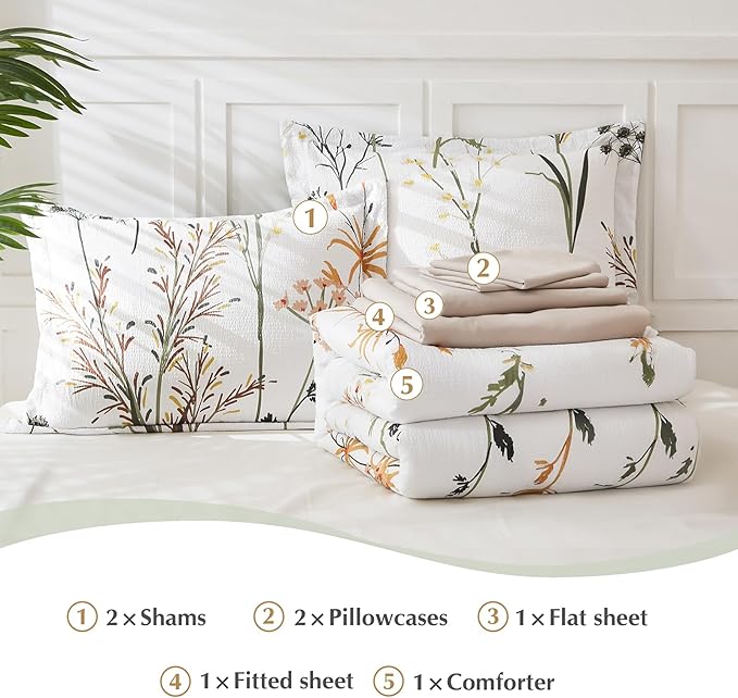 CASAAGUSTO Full Comforter Set 7 PCS White & Green Dandelion Plant Comforter Set with Flowers Leaves Pattern Soft Seersucker Design All Season Bedding Set(Full 80"X90")