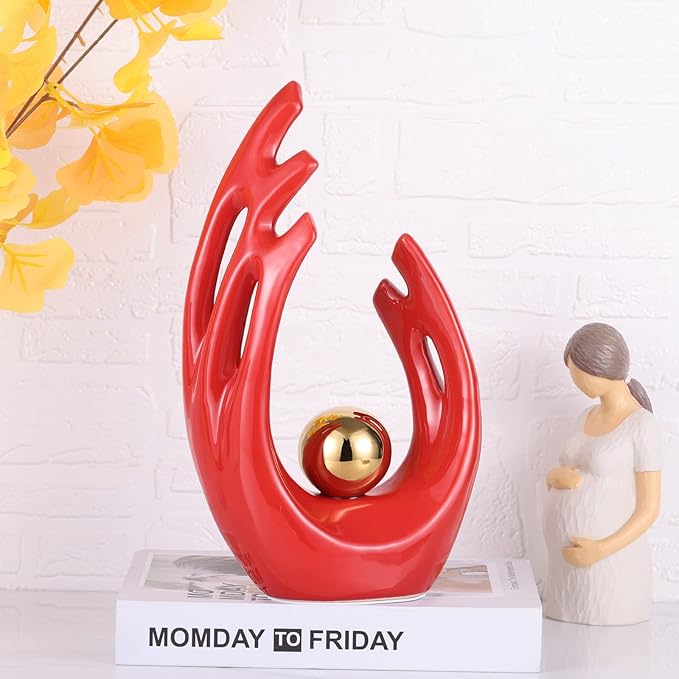 12" H Red Gold Aesthetic Room Decor Accent, TV Stand Funky Table Centerpiece, Abstract Art Ceramic Statue and Sculpture, Red Decor for Living Room, Bookshelf Decorative Objects, Shelf Decor
