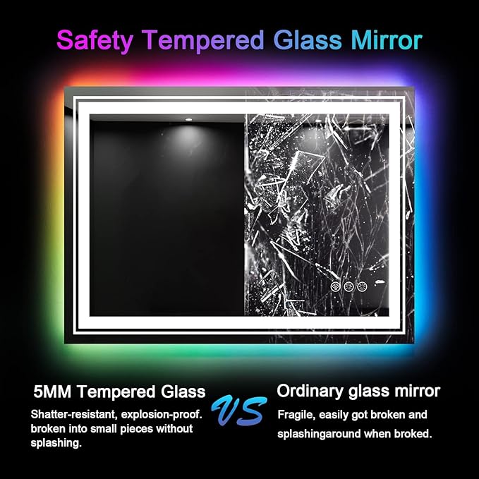 LED Mirror for Bathroom, 40"X36" with 8 RGB Backlit +3 Front Lit (Adjustable Individually), Anti-Fog, Lighted Bathroom Vanity Mirror for Wall, Shatterproof, Memory Function, Tempered Glass