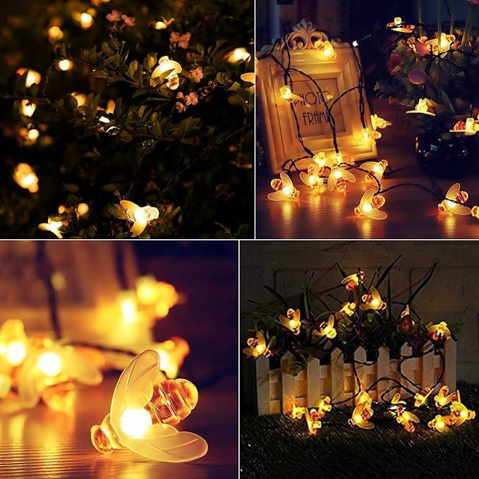 Solar Bee String Lights Outdoor 31FT 50 LED Honeybee Fairy Lights with 8 Lighting Modes, Waterproof Solar Bumble Bee for Patio Yard Garden Grass Wedding Christmas Party Decor, Warm White