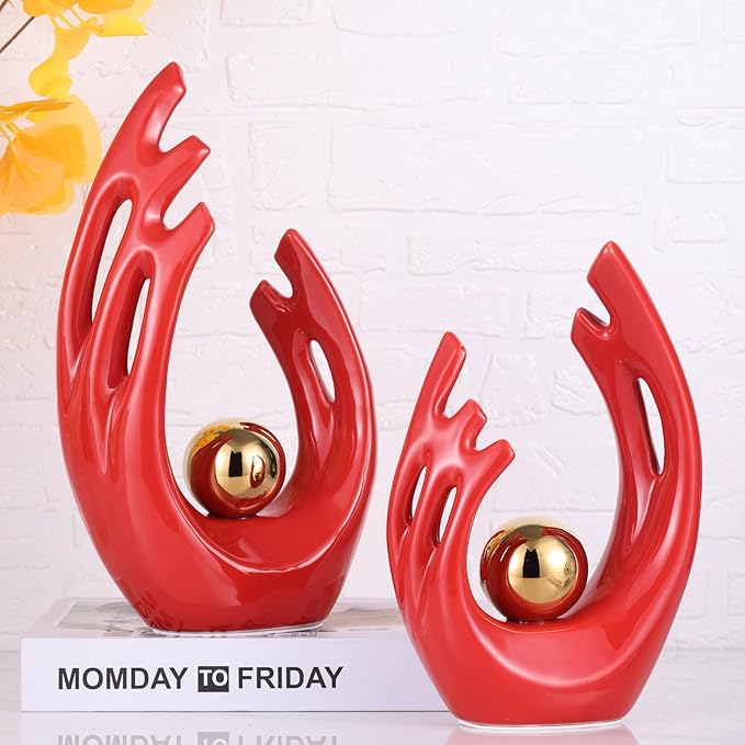 12" H Red Gold Aesthetic Room Decor Accent, TV Stand Funky Table Centerpiece, Abstract Art Ceramic Statue and Sculpture, Red Decor for Living Room, Bookshelf Decorative Objects, Shelf Decor