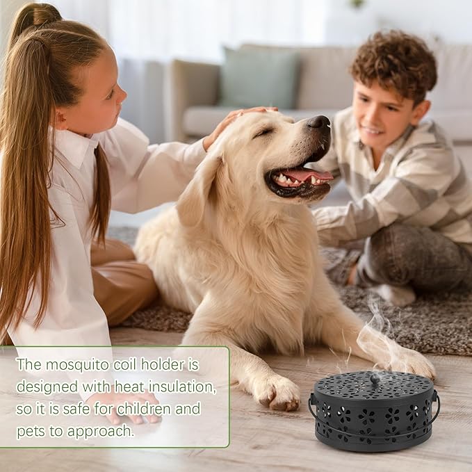 Portable Iron Mosquito Coil Holder with Handle Round Heat-Resistant Incense Holder (Black)