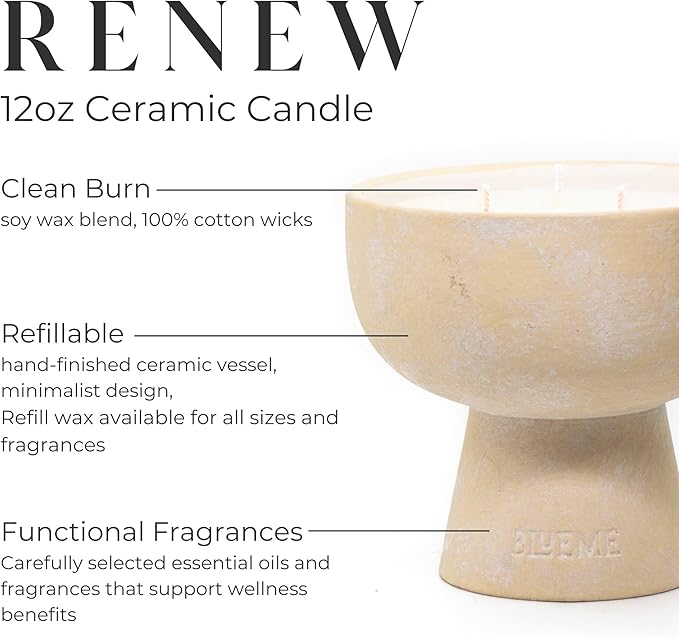 BLUEME Renew - Ivy & Rose, Luxury Candle w/Essential Oils, 3 Wick, Hand-Poured Soy, Cotton Wick, Ceramic