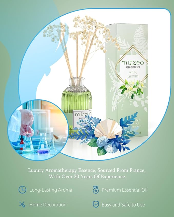 MIZZEO Reed Diffuser Set, White Jasmine 6.76 fl oz Highly Scented Room Diffuser Home Fragrance Essential Oil Reed Flower Diffuser, House Bedroom Office Decor & Gifts