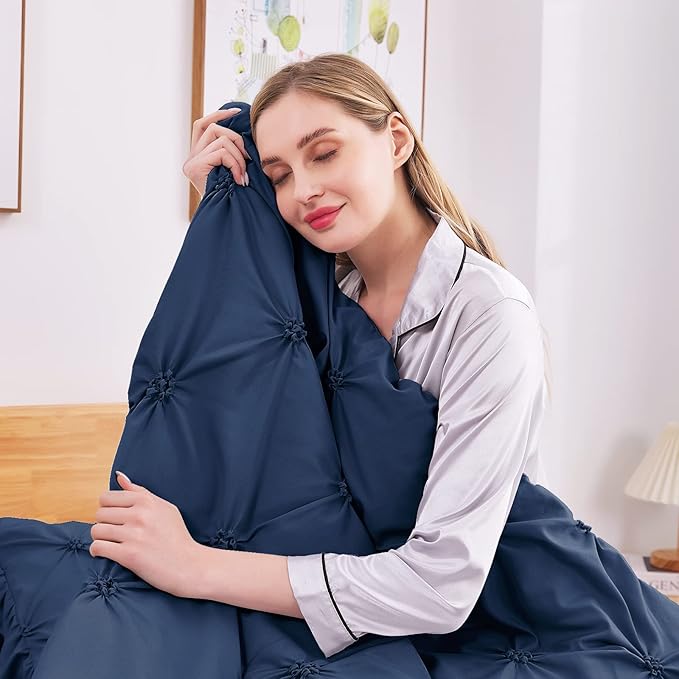 JOLLYVOGUE Queen Comforter Set 7 Pieces, Navy Blue Bed in a Bag Comforter Set for Bedroom, Bedding Comforter Sets with Comforter, Sheets,Ruffled Shams & Pillowcases