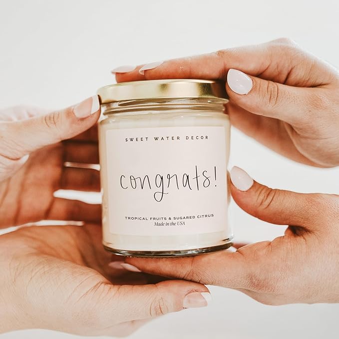 Sweet Water Decor, Congrats! Candle - New Job, Engagement, Graduation Gift - Tropical Fruits and Sugared Citrus Island Scented Soy Wax Candle - 9oz Clear Jar, 40 Hour Burn Time, Made in The USA