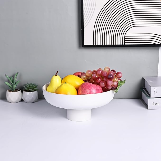 Modern Large White Fruit Bowl - Concrete White Pedestal Decorative Bowls, Handicraft Multi-Functional Key, Candy Bowl, Centerpiece for Entry Table, Kitchen Island Counter, Coffee Table Home Decor