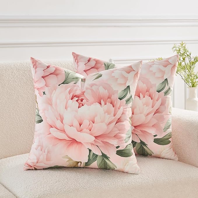 Pink Floral Throw Pillow Covers 18x18 Set of 2, Decorative Peony Flower Cushion Cases, Soft Holland Velvet Cushion Covers for Farmhouse Sofa Couch Bed Home Decor