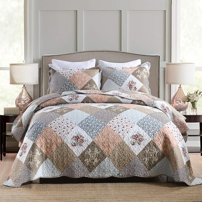 Travan 3-Piece Queen Quilt Set Quilted Bedspread Lightweight Reversible Coverlet Set Floral Printed Quilted Bedding Set with Shams for All Season, Brown Floral, Queen Size