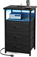 Fixwal Night Stand with Charging Station, LED Nightstand with U-S-B Ports and Outlets, 3 Fabric Storage Drawers with PU Finish, Bedside Table, Black