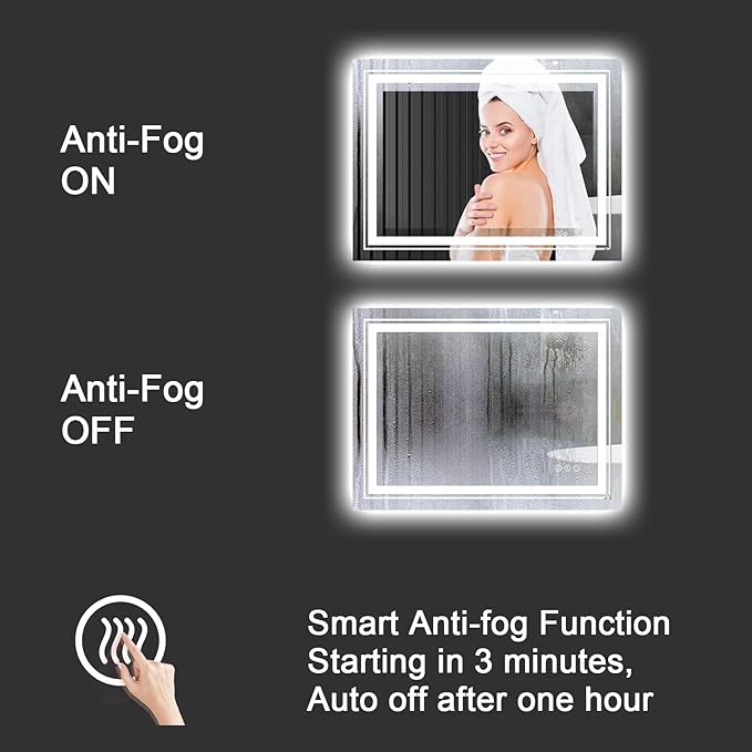 LED Bathroom Mirror, 48"X40" with Front and Backlit, Anti-Fog, Large Bathroom Vanity Mirror for Wall, Memory Function, Stepless Dimmable, Tempered Glass (Horizontal/Vertical)