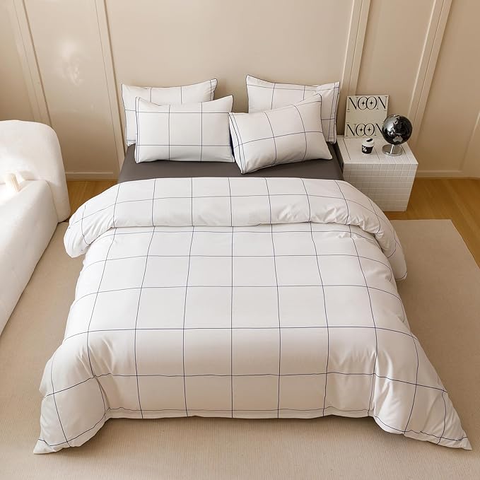 KAREVER White Grid Comforter Full Women Navy Blue Square Lines Checkered Bedding Set Full White Plaid Comforter Full Size