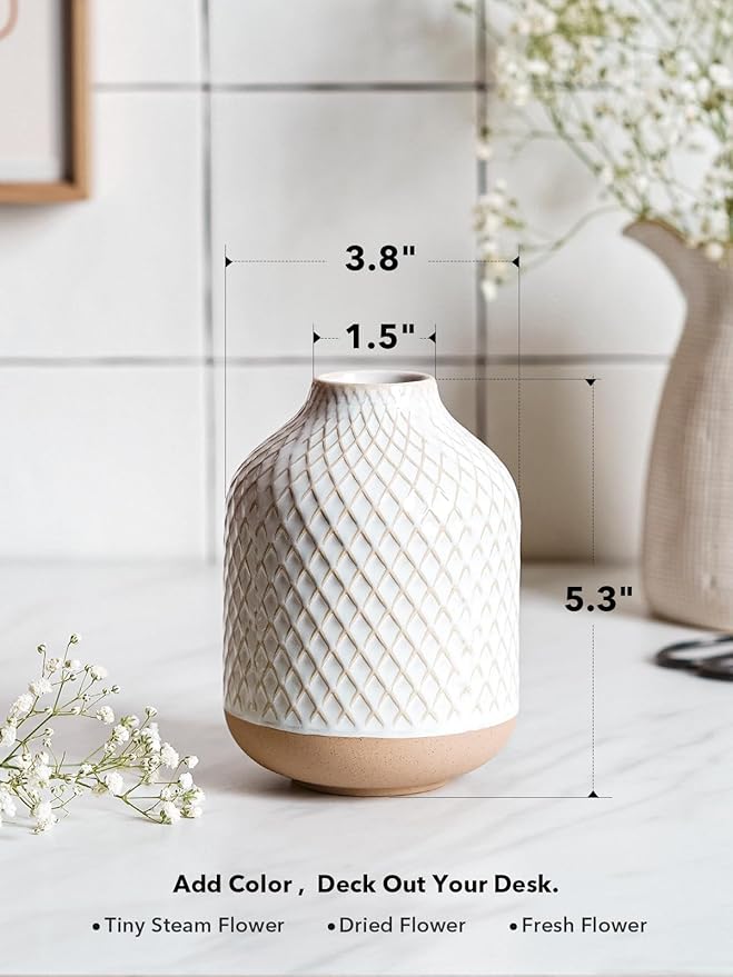 Small Boho Vase for Decor,Rustic Farmhouse Vase for Pampas Grass,Eucalyptus Set and Tiny Stem Flowers,Ceramic Vintage for Centerpieces, 5.3 Inch -Rhombus, Embossment