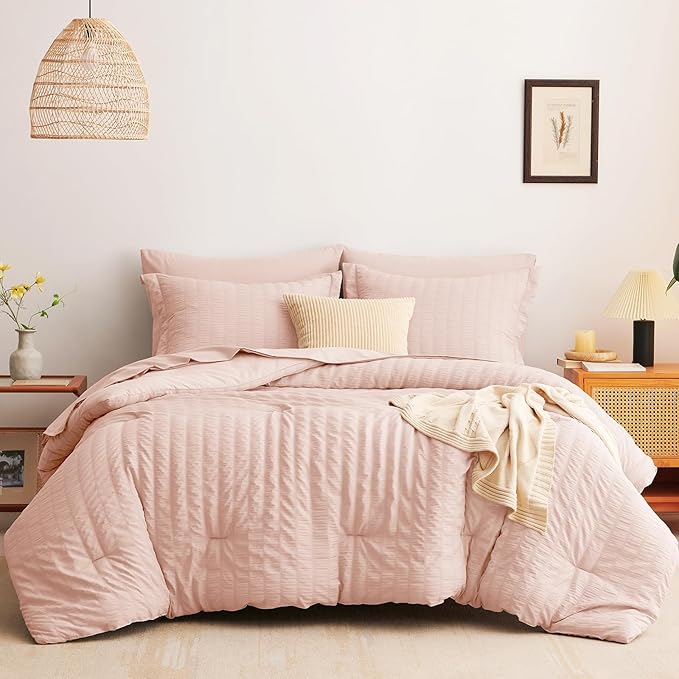 CozyLux Queen Comforter Set Blush Pink Seersucker 7 Pieces Bed in a Bag Queen Comforter Set with Sheets, Luxury Soft Bedding Set with Down Alternative Comforter, Sheets, Pillowcases & Shams All Season