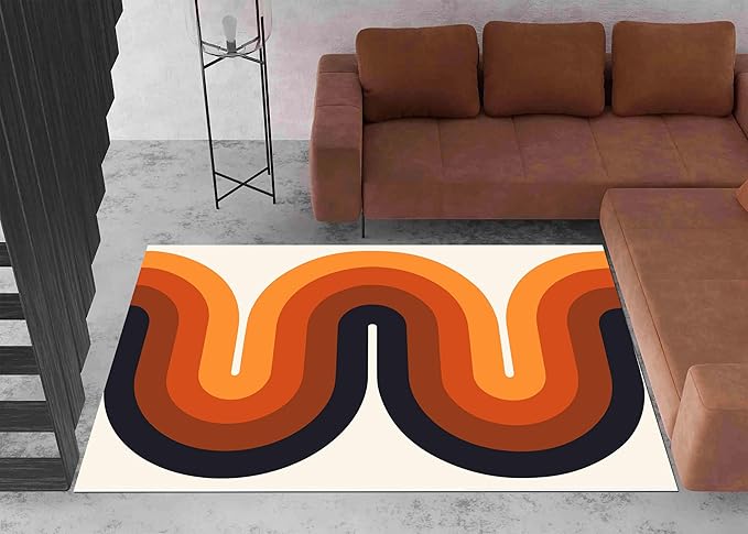 Scandinavian Style Rugs, 4x5 Retro Mid Century Orange Rugs,Boho Rug, Modern Pet Friendly Rug, Washable Non-Slip Rubberback Rug, Non-Shedding Low-Pile Bedroom Office Floor Carpet