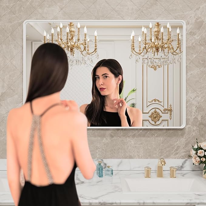 LOAAO 48x36 Inch White Metal Framed Bathroom Mirror for Wall, White Bathroom Vanity Mirror Farmhouse, Large Rounded Rectangle Mirror, Anti-Rust, Tempered Glass, Hangs Horizontally or Vertically
