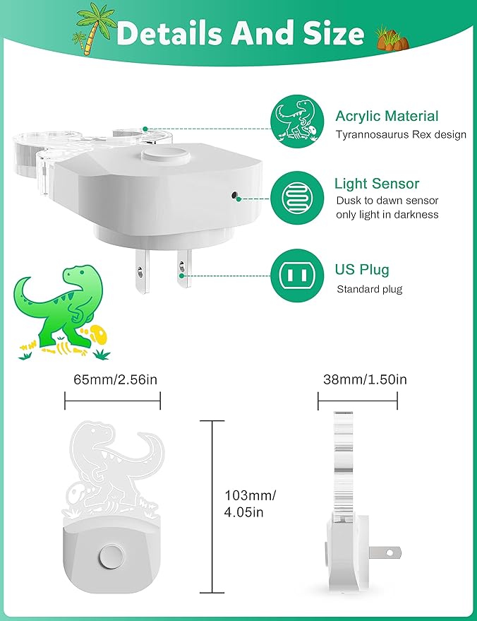 Dinosaur Night Light for Kids [2 Pack], 8 Color Changing Plug in Night Lights for Baby with Dusk to Dawn Sensor, Nightlight for Bathroom Decor, Children Room, Dinosaur Toys Gifts