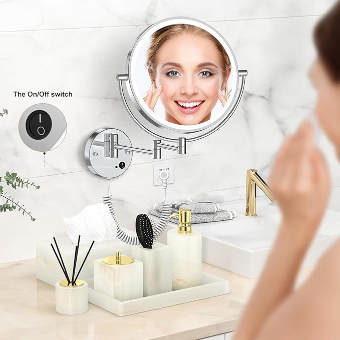 Rocollos 9" Plug-in Wall Mounted Lighted Makeup Mirror 1X/10X Magnification, Super Large Double Sided LED Vanity Mirror for Bathroom, 3 Color Dimmable 360°Swivel Extendable Shaving Cosmetic Mirror