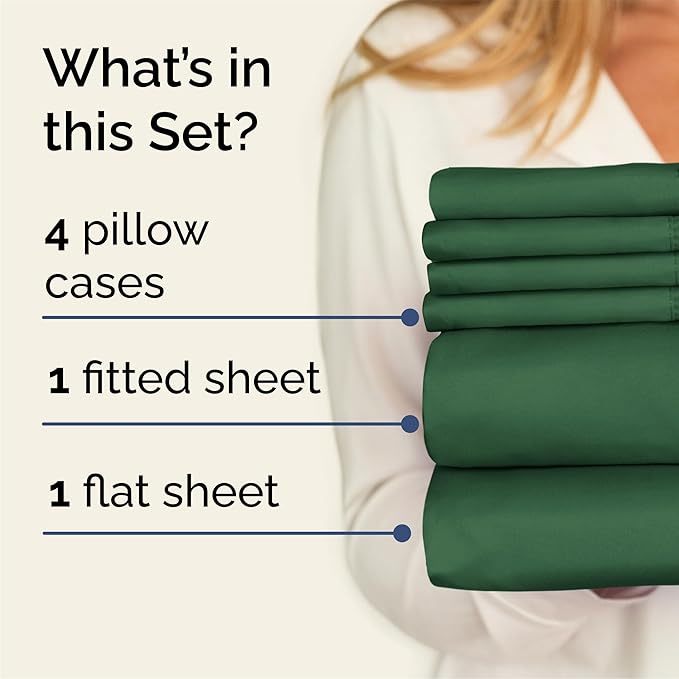 Queen Sheets Set 6 Piece - Includes 4 Pillowcases - Bed Sheets Queen Size - Soft Hotel Luxury Bedding - Cooling, Comfy, Cozy & Breathable - 1 Flat & 1 Fitted & 4 Pillowcases w/ Deep Pockets - Emerald