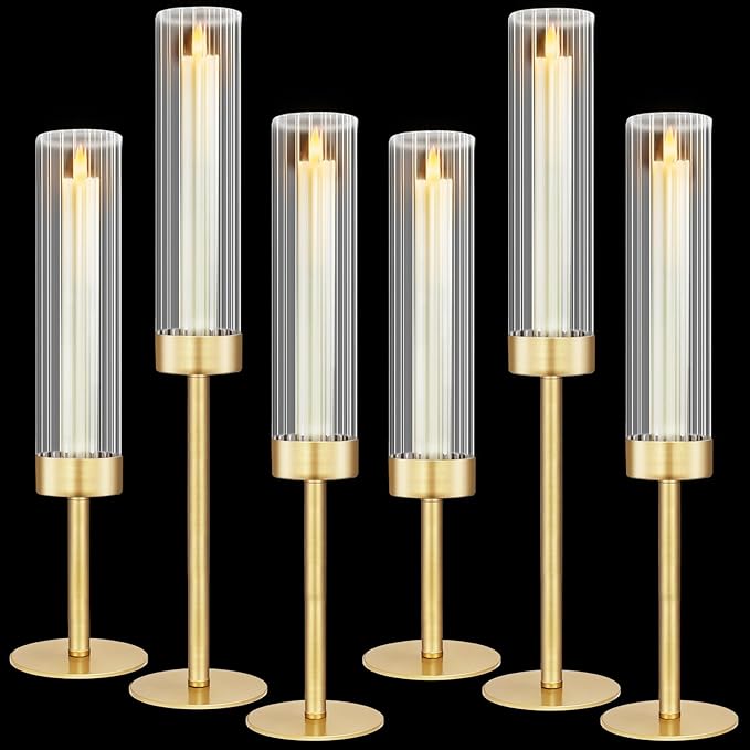 Glass Hurricane Candlestick Holders Gold, KSWING Set of 6 Taper Candle Holders Brass Tall Clear Candle Stand Holders, Perfect for Table Centerpiece Party Wedding Christmas Home Decor