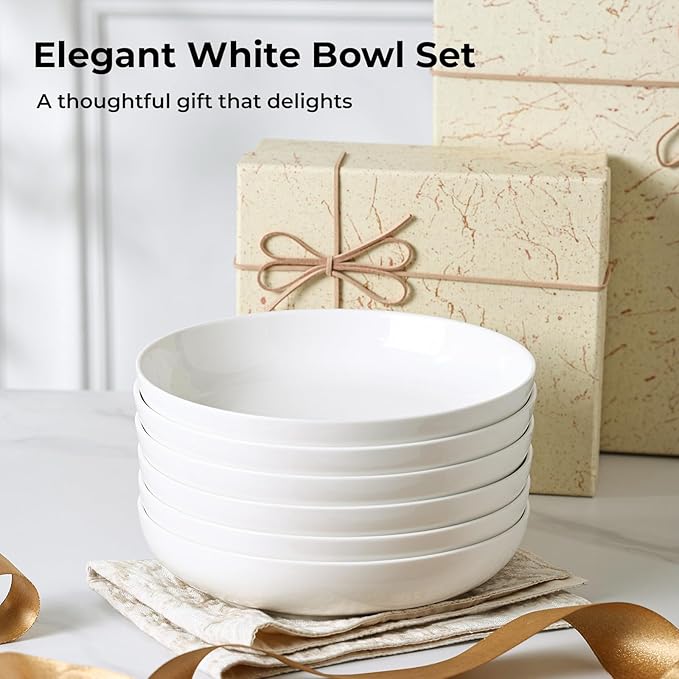 Y YHY Pasta Bowls for Small Portions, 22 Ounce Salad White Bowl Plates Set of 6, Porcelain Dishes for Serving Dinner - Dinnerware Sets Microwave Dishwasher Safe Thanksgiving Day Gift