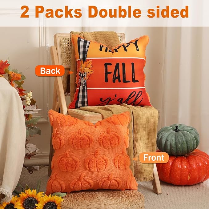 TOYPOPOR Fall Decorations, 2 Packs Double Sided Throw Pillow Covers, Orange Soft Faux Fur Pumpkin Pillow Cases Autumn Harvest Thanksgiving Indoor Outdoor Home Decor for Living Room Porch Couch 20x20