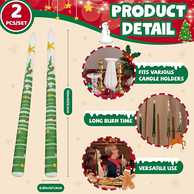 2 Pack Christmas Taper Candles, 10 Inch Unscented White Candlesticks with Christmas Tree Print Design for Holiday Table Decor, Fireplace Mantel, Advent Wreaths, Winter Weddings, Seasonal Display