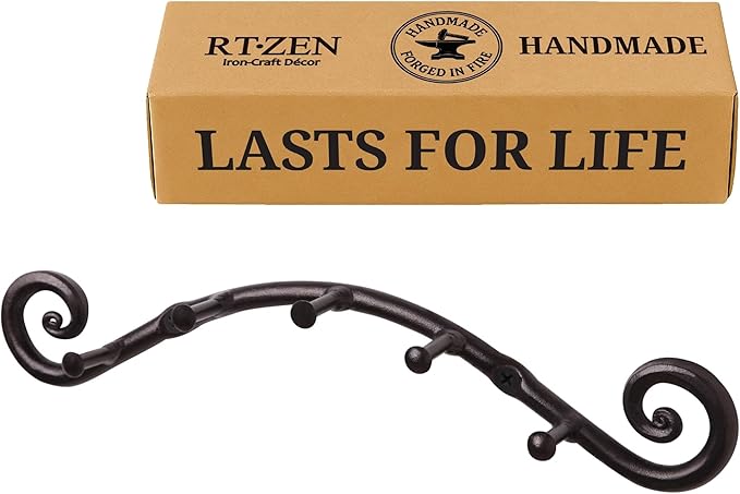 RTZEN Farmhouse Small Key Holder for Wall - Handcrafted Swirl Decorative 5 Key Hooks for Home Entryway - Wrought Iron Wall Mount Rack Purse Coat and Leash Holder or Organizer (Swirly Black)