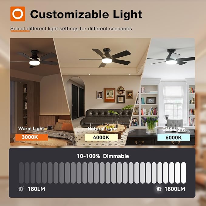 addlon Ceiling Fans with Lights, 42 Inch Low Profile Ceiling Fan with Light and Remote Control, Flush Mount, Reversible, 3CCT, Dimmable, Quiet, Black Small Ceiling Fan for Bedroom Indoor/Outdoor Use