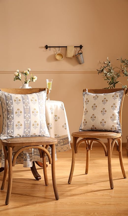 patdrea Designer Square Throw Pillow Covers Set of 2,Rustic Linen with Elegant Grey Blue Floral Pattern Pillows Cover,Decorative Pillowcases Cushion for Bed Living Room Outdoor Car,18 x18 Inches