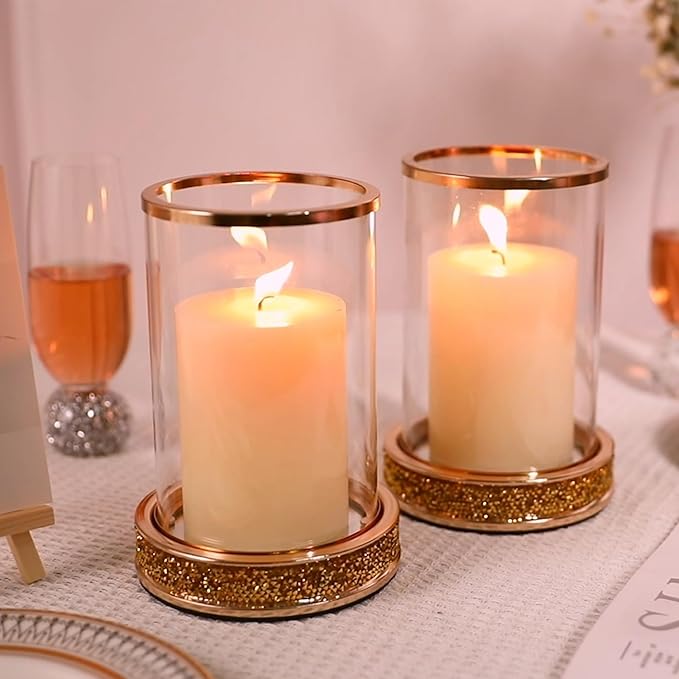 Pillar Candle Holders Set of 2,Hurricane Candle Holders,Candlesticks Holder With Glass Hurricane Lid,Metal Candle Holder For Coffee Dining Table, Wedding, Christmas, Home Decoration,Gold Candle Holder