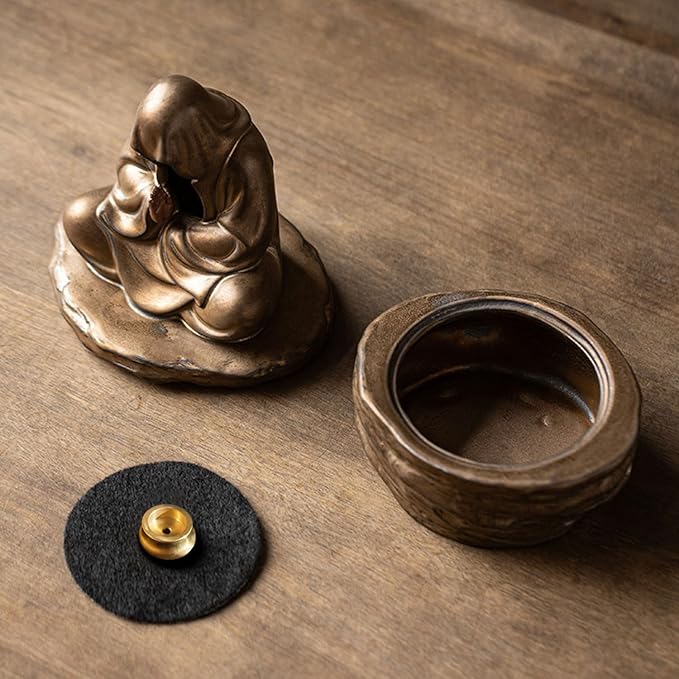 Ceramic Incense Holder for Cone and Coil - Incense Burner Holder Zen Decor with Buddha Statue Design Protection from Evil - 4.72" L X 3.78" W X 6.18" H (Gold)