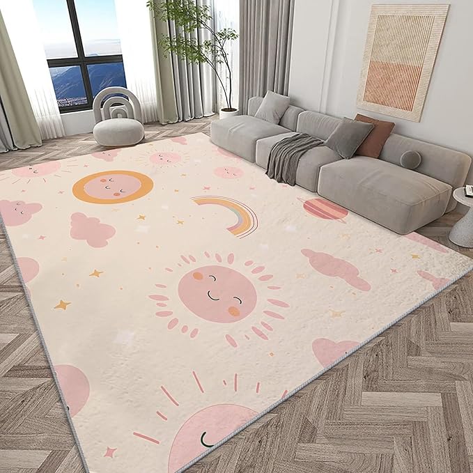 Area Rug for Living Room 7x8 ft Cartoon Sun Rainbow Machine Washable Non-Slip Rugs, Soft Accent Rugs, Lightweight Carpet, Foldable Easy Care, Stylish Indoor Area Rug